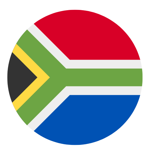 Circular icon of the South African flag with red, blue, green, black, white, and yellow colors.