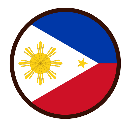 Round icon of the Philippine flag with a white triangle, golden sun with rays, and three stars, blue upper stripe and red lower stripe.