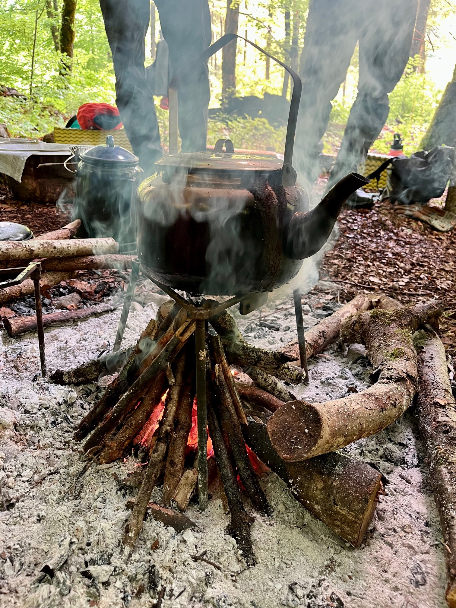 Wasserkessel über einem Lagerfeuer aus Holzstangen im Wald, umgeben von Rauch und Baumstämmen.