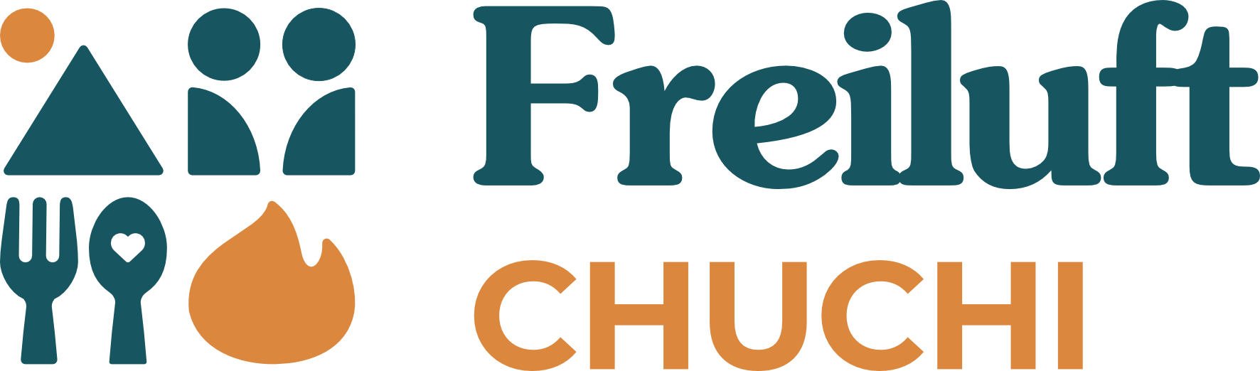 Logo von Freiluft Chuchi mit Symbolen für Zelt, zwei Personen, Besteck und Feuer.