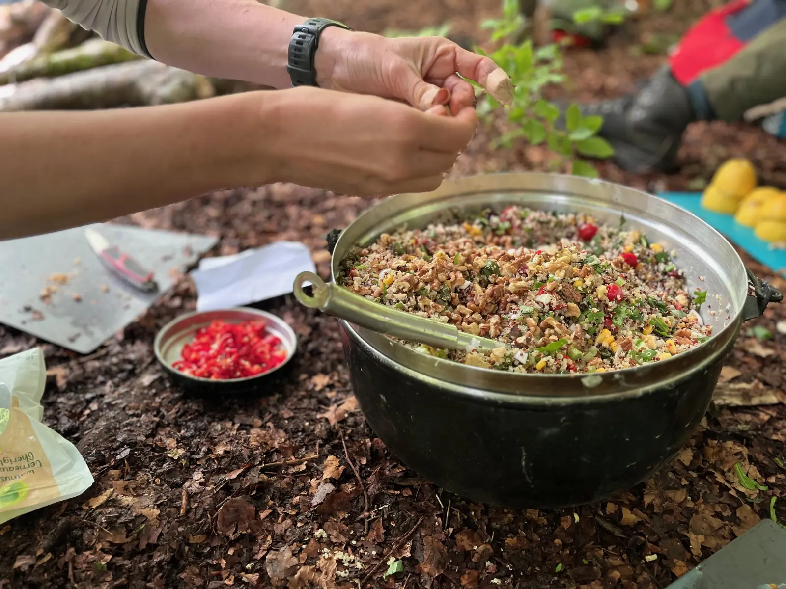 Person bereitet im Freien einen großen Topf mit buntem Quinoa-Salat mit Nüssen und frischen Zutaten zu.