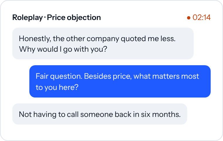 Transcript of a rep handling a price objection from an AI customer