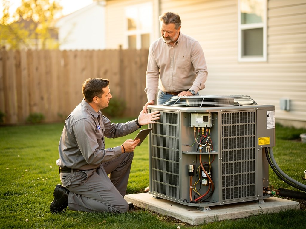 HVAC technician explaining a repair to a homeowner