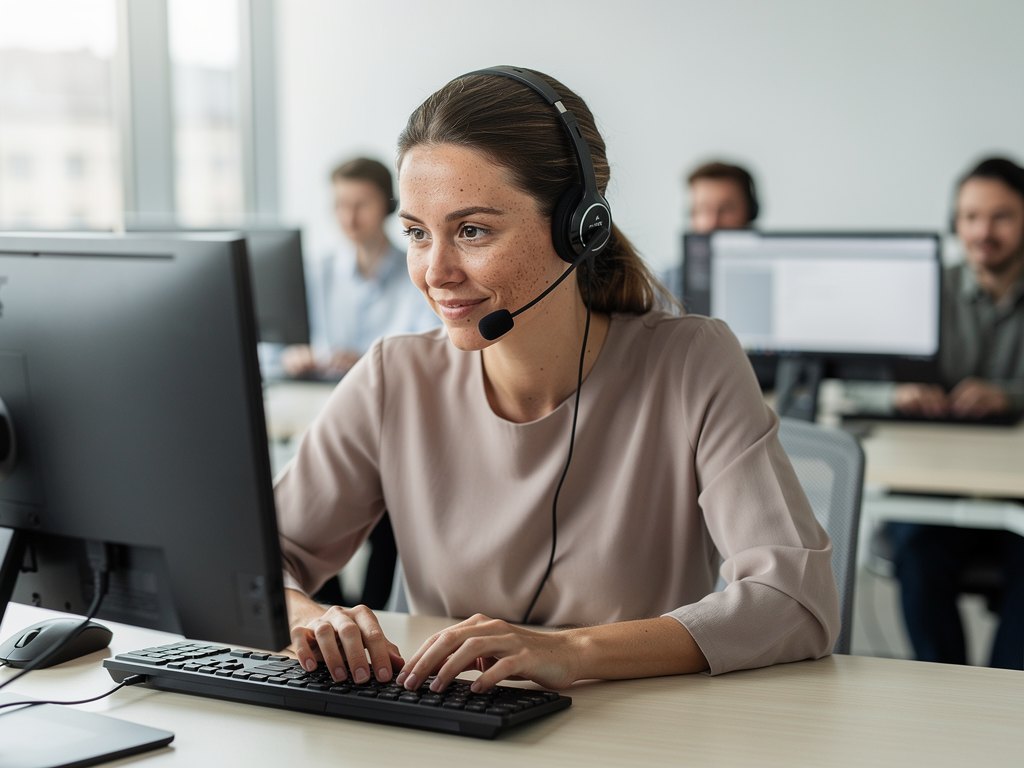 Support agent with a headset on a customer call