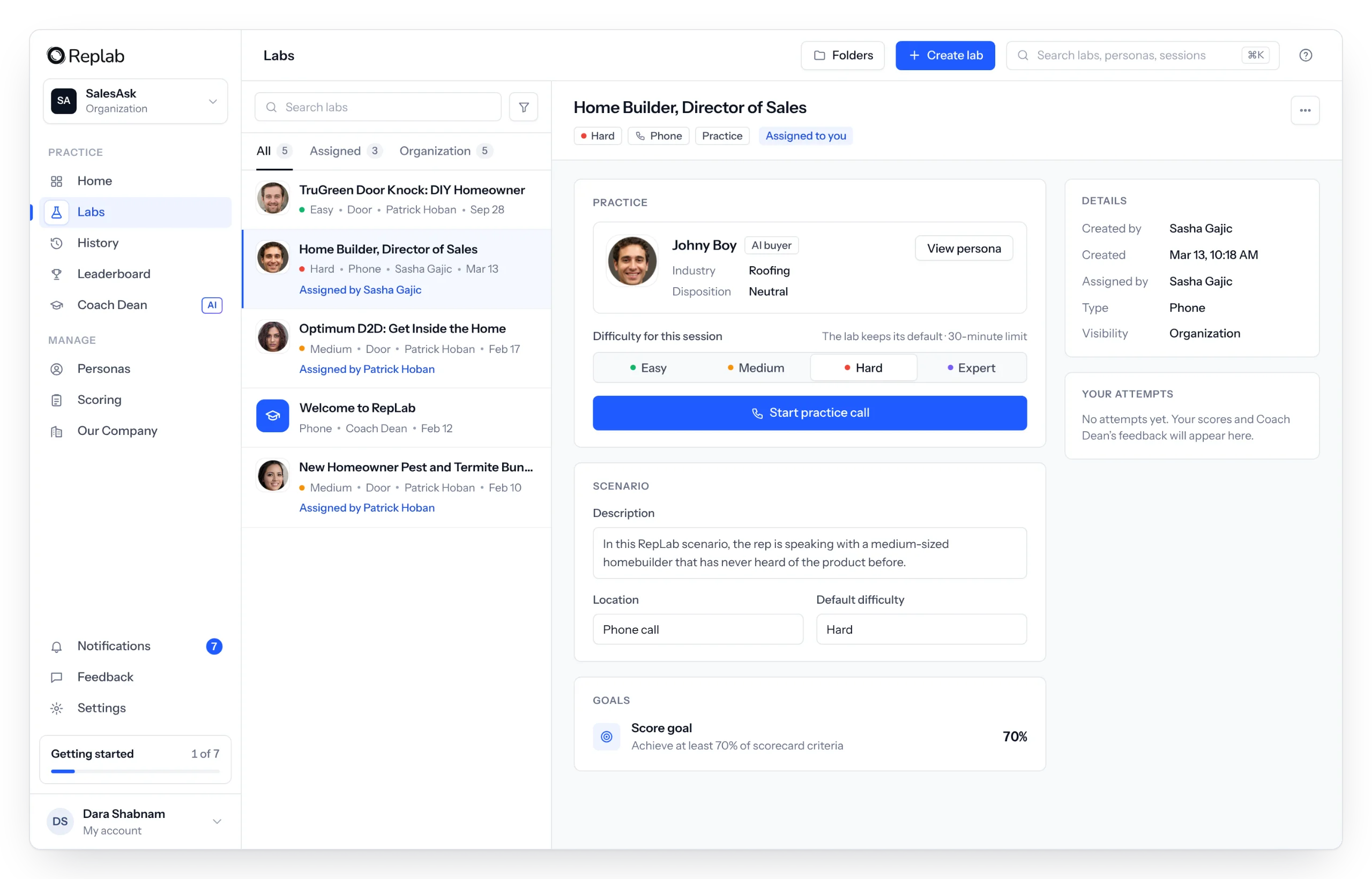 RepLab Labs screen with scenarios, personas and difficulty