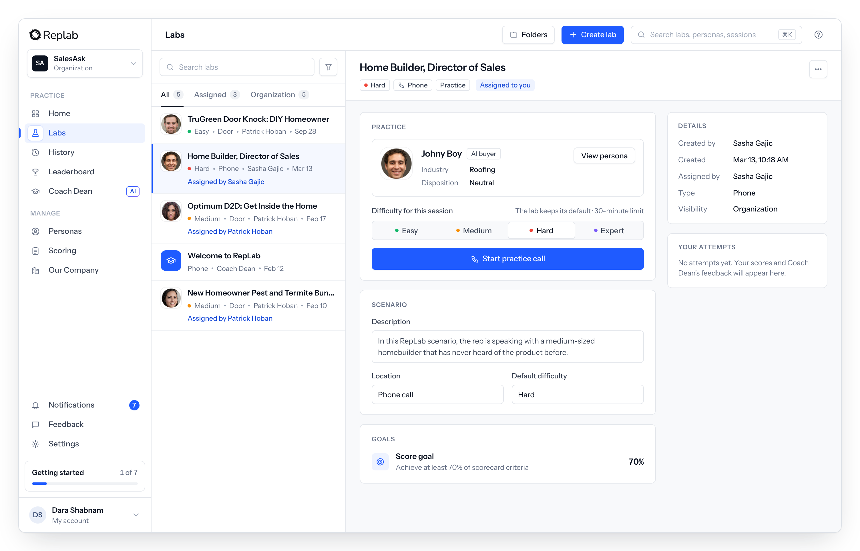 SalesAsk conversation review with scores per conversation and a recommended practice drill