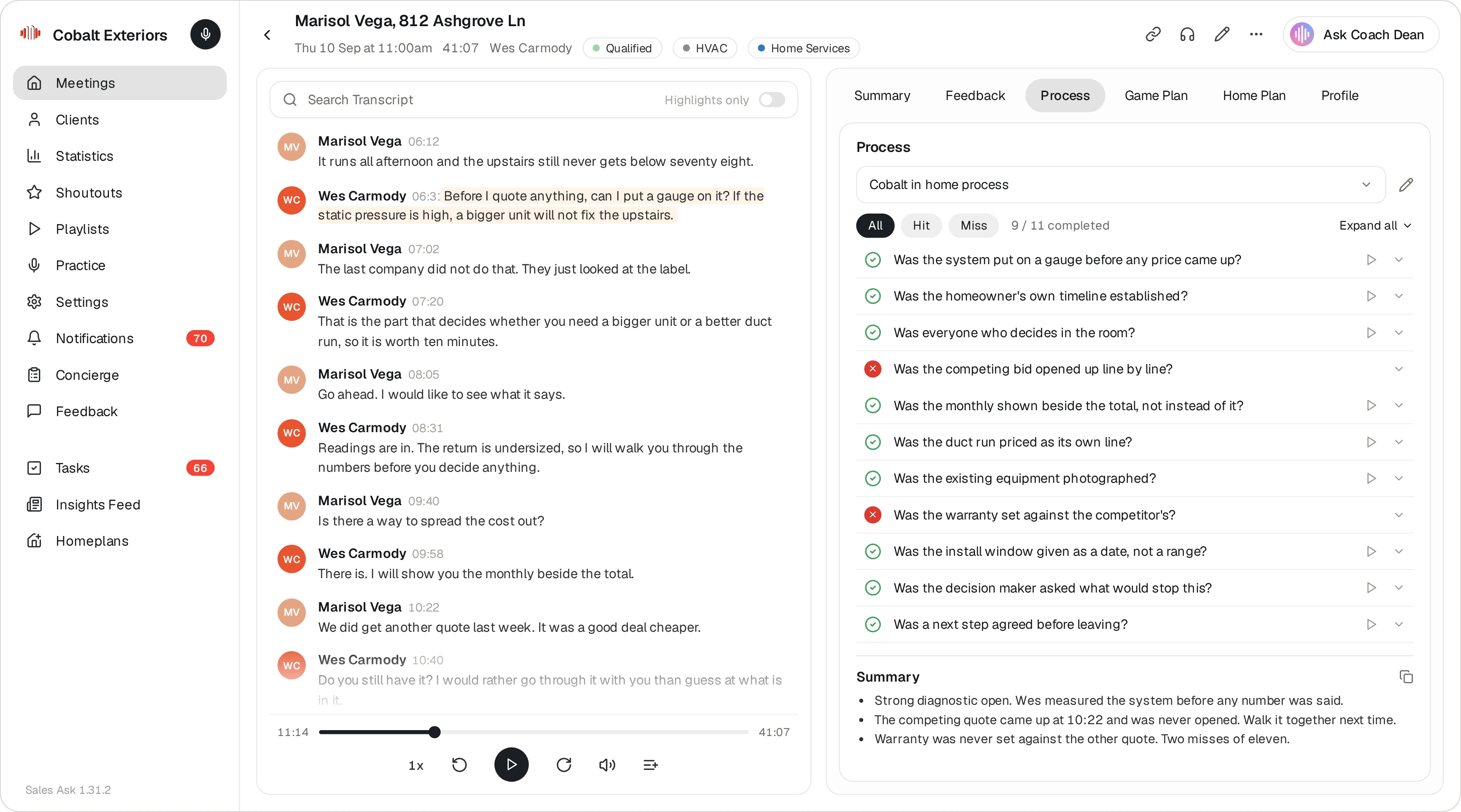SalesAsk scoring a real call against the in-home process checklist