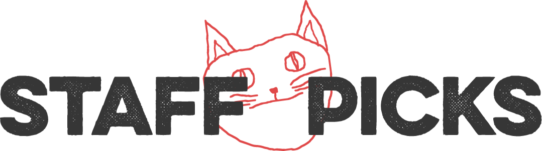 heading of "staff picks" with a cat face illustration centered between the words