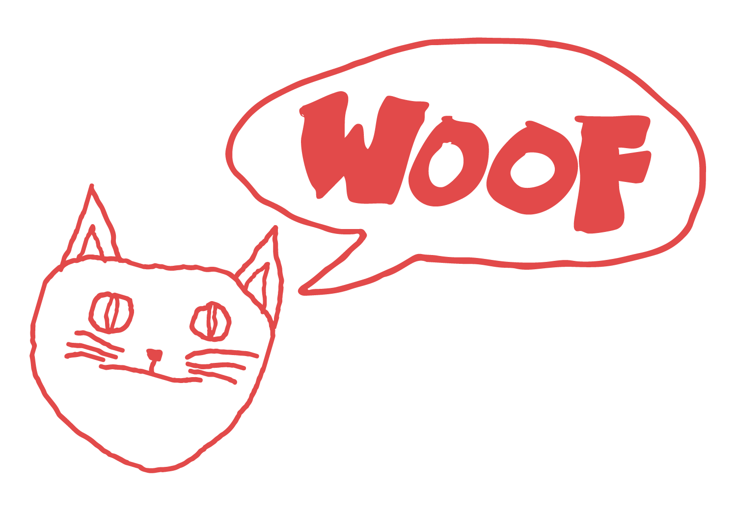 red comic illustration of cat face with speech bubble that says "woof"