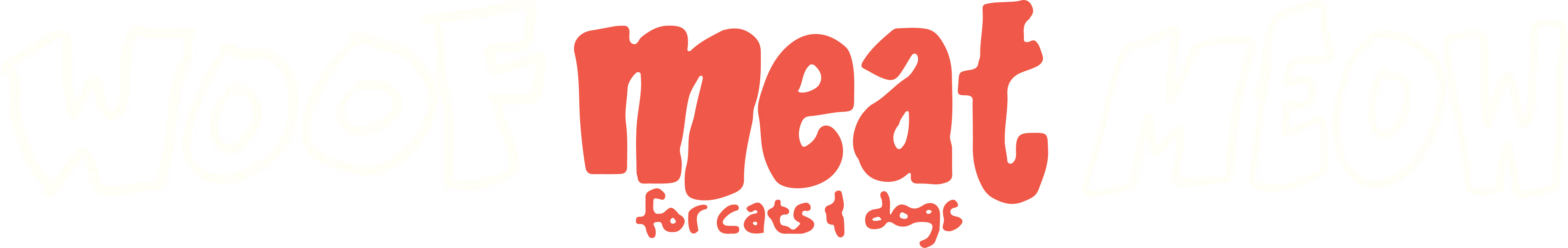 Woof Meat Meow in different hand drawn fonts. Meat is in red and woof & meow are off white