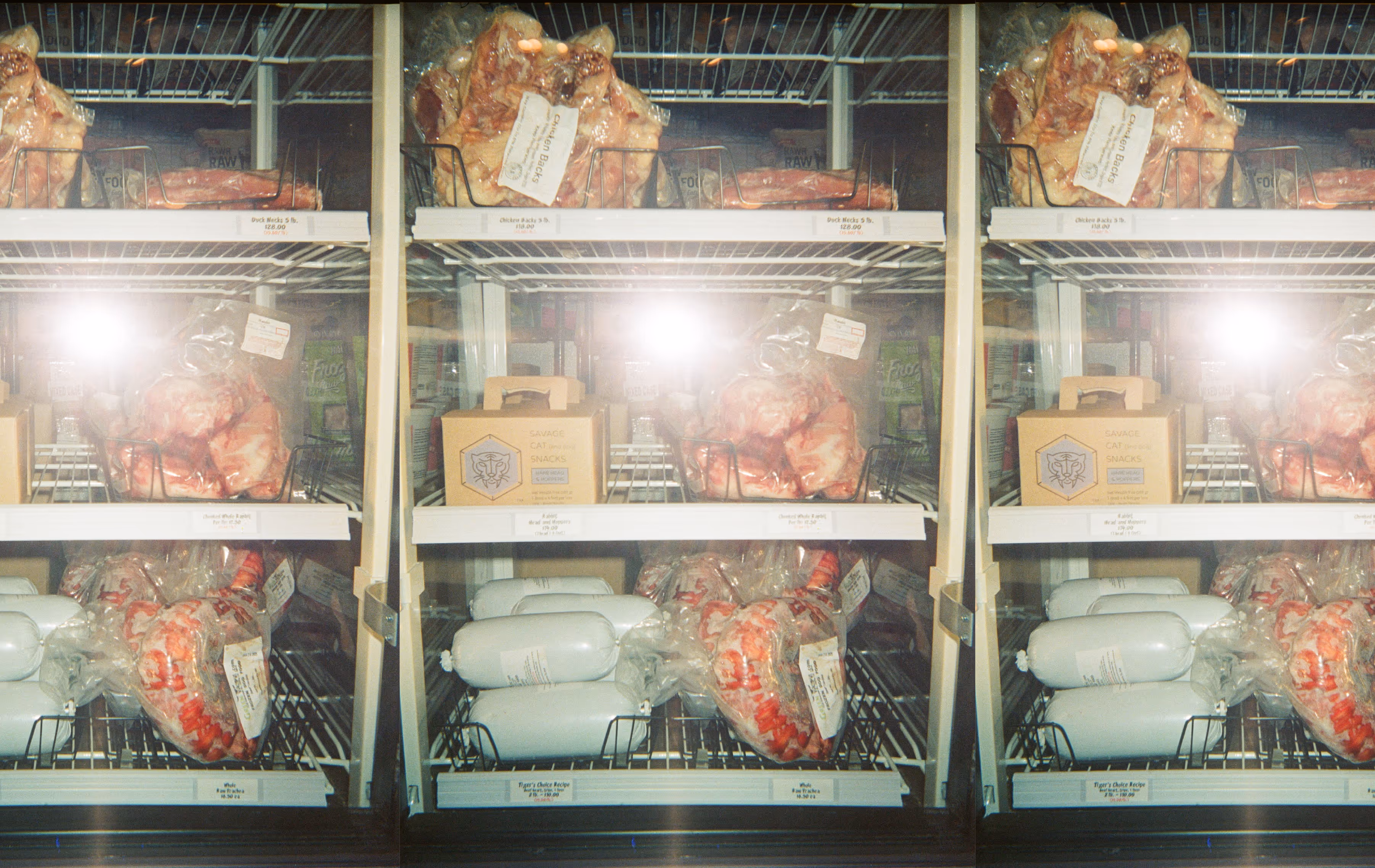 Meat Freezer full of raw dog food repeated 3 times.