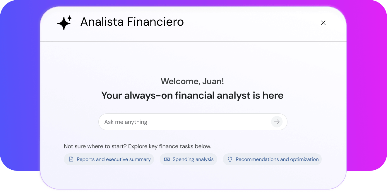 User interface of a financial analyst assistant greeting Juan with a search bar and options for reports, spending analysis, and recommendations.