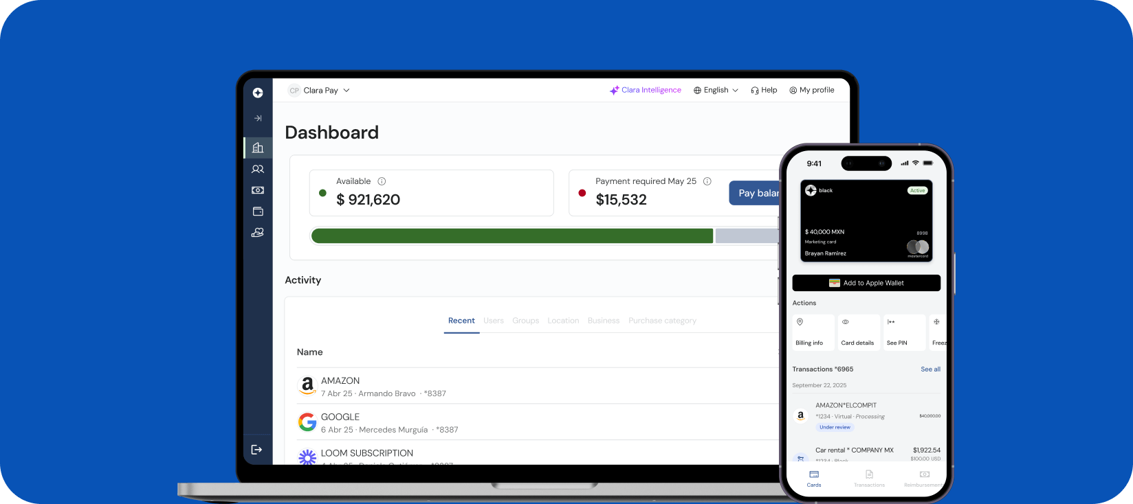 Laptop and smartphone displaying Clara Pay dashboard with account balance, payment due, recent transactions, and card management options.