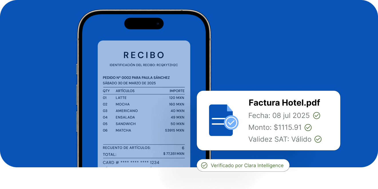 Smartphone screen displaying a receipt in Spanish listing six items with quantities and prices in MXN, alongside a verification pop-up for 'Factura Hotel.pdf' showing date, amount, and SAT validity as valid, verified by Clara Intelligence.