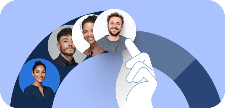 Illustration of a hand selecting a profile photo of a smiling man from a semi-circle of diverse profile pictures against a blue background.