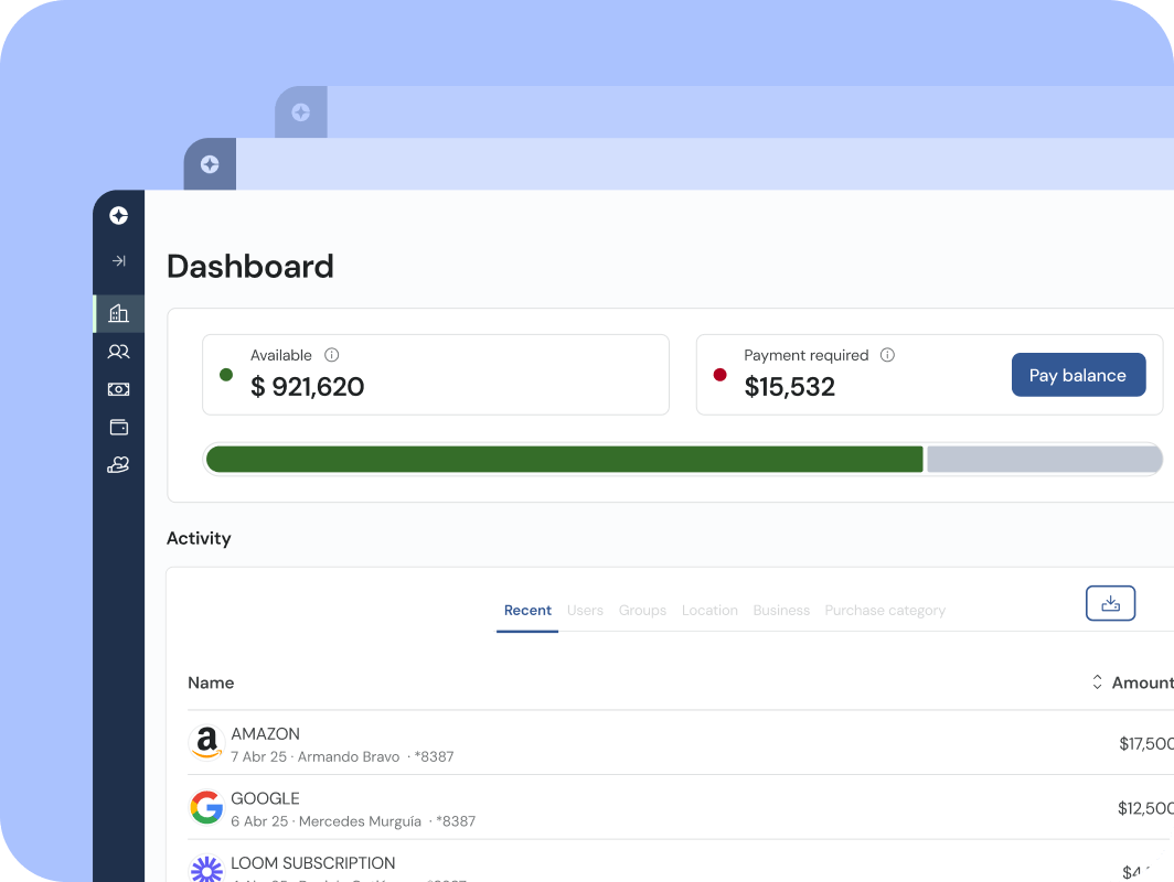 Dashboard showing account balance with $921,620 available and $15,532 payment required, plus recent activity with transactions for Amazon, Google, and Loom Subscription.