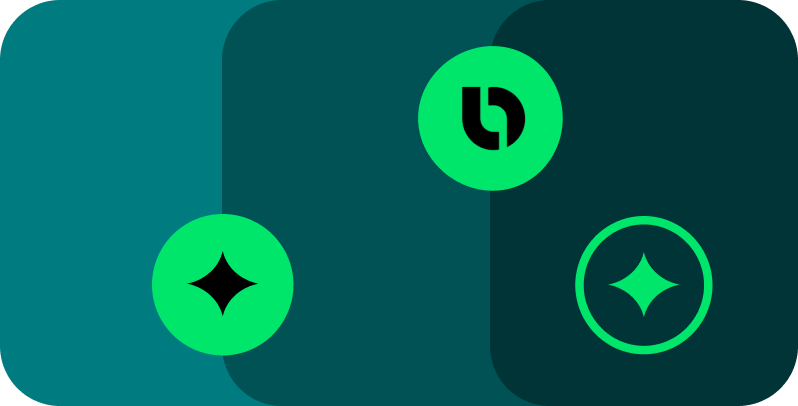 Three green circular icons with black and green star shapes, and one with a stylized 'b' logo on a teal and dark teal rounded rectangular background.