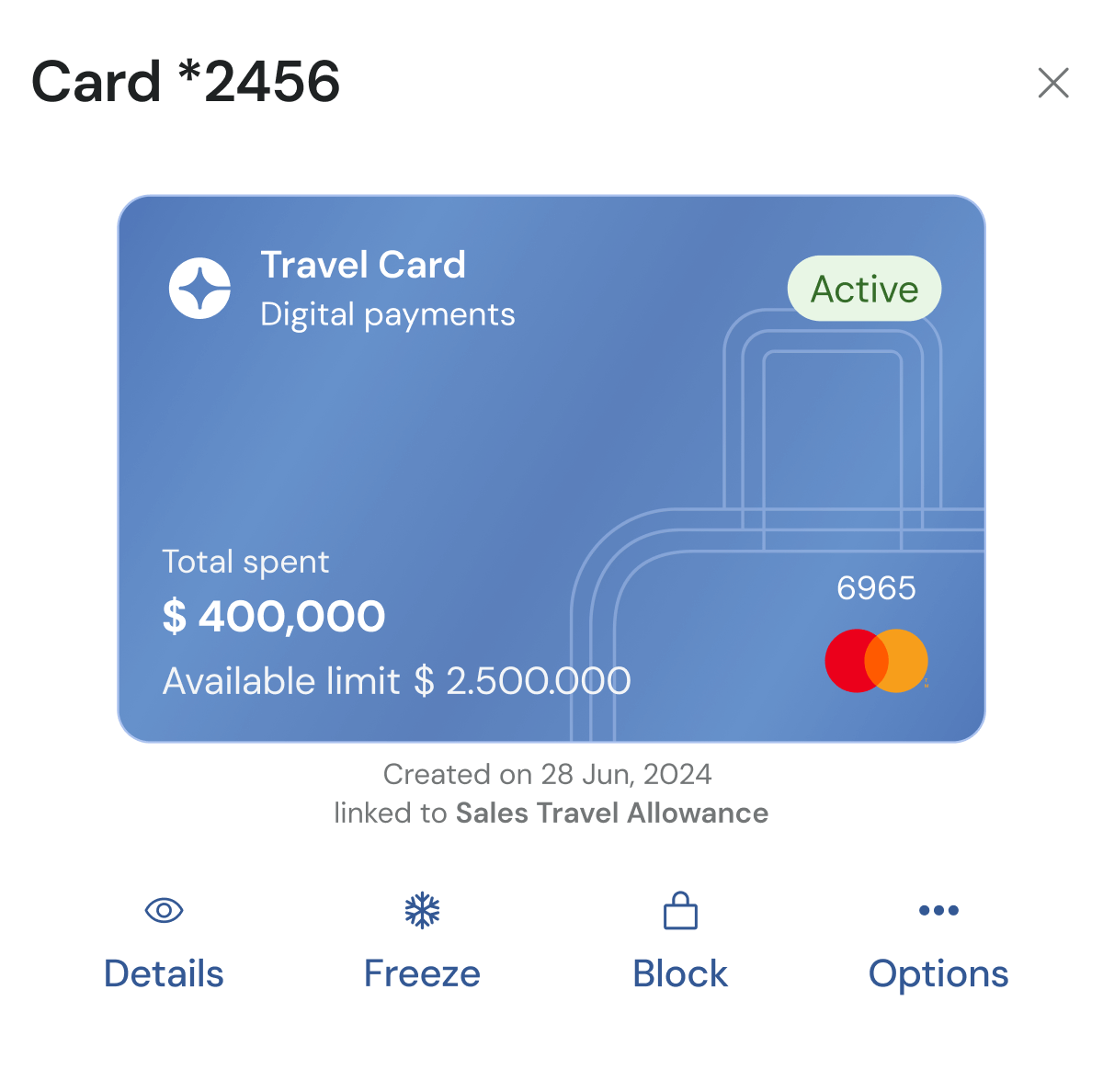 Blue digital payment card labeled Travel B with total spent 4,000,000 COP and available limit 2,500,000 COP, active status, Mastercard logo, and options below for details, freeze, block, and options.