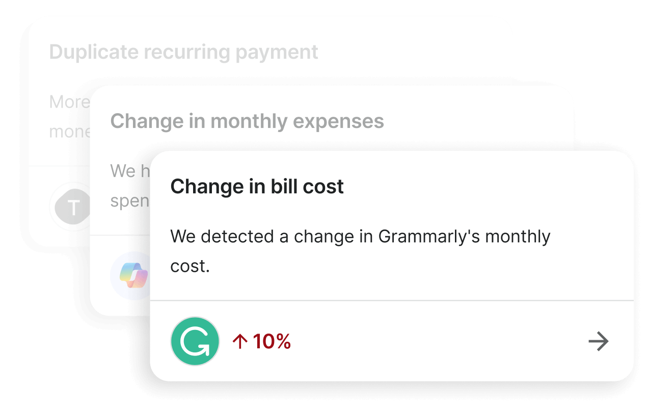 Three overlapping notification cards showing financial alerts: duplicate recurring payment, change in monthly expenses, and a 10% increase in Grammarly's monthly bill cost.