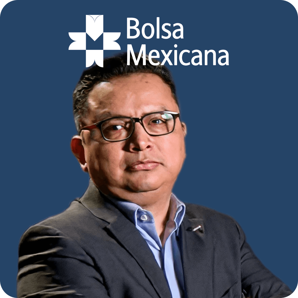 Middle-aged man with glasses wearing a dark suit and light blue shirt against a navy blue background with Bolsa Mexicana logo.