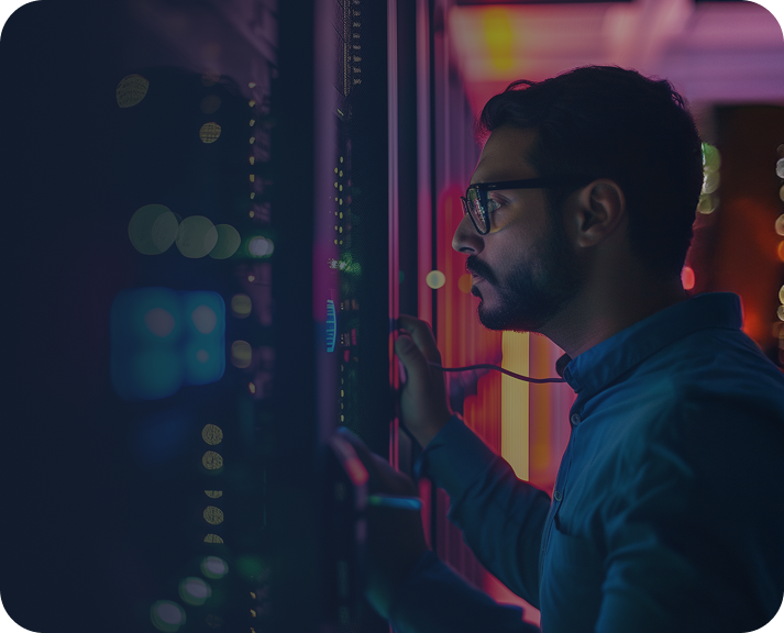 Man wearing glasses closely inspecting and adjusting equipment in a dimly lit server room with colorful lights.