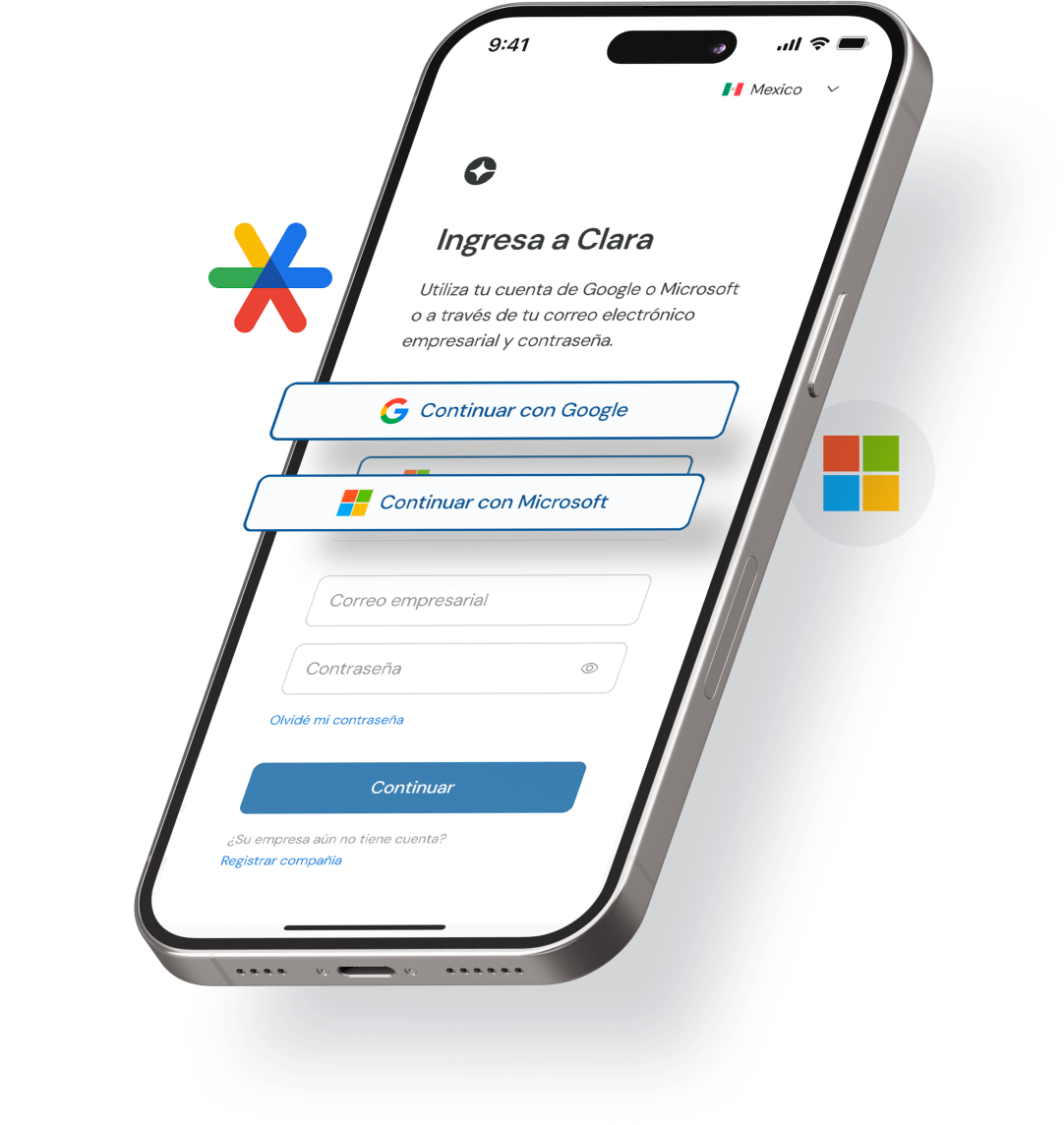 Mobile phone screen showing a login page titled 'Ingresa a Clara' with options to continue with Google or Microsoft accounts, or to login using business email and password.