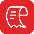 White stylized receipt icon on a red rounded square background.