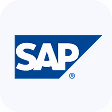 SAP company logo with white letters on a blue trapezoid background.