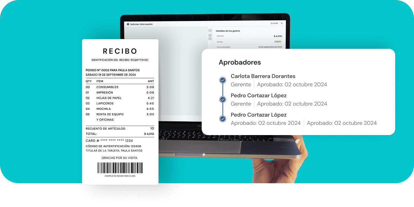 Hand holding a laptop showing a receipt for office supplies and a list of approvers with approval dates in Spanish.