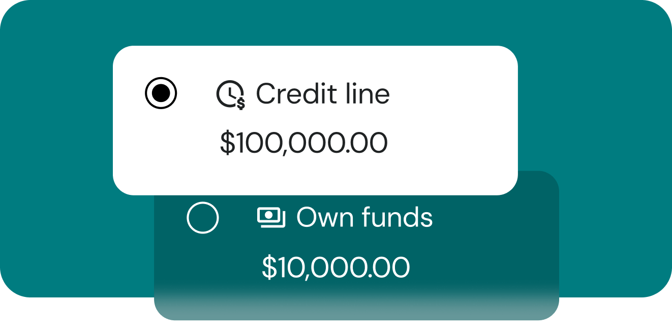 Two funding options with radio buttons: credit line at $100,000 selected and own funds at $10,000 not selected.