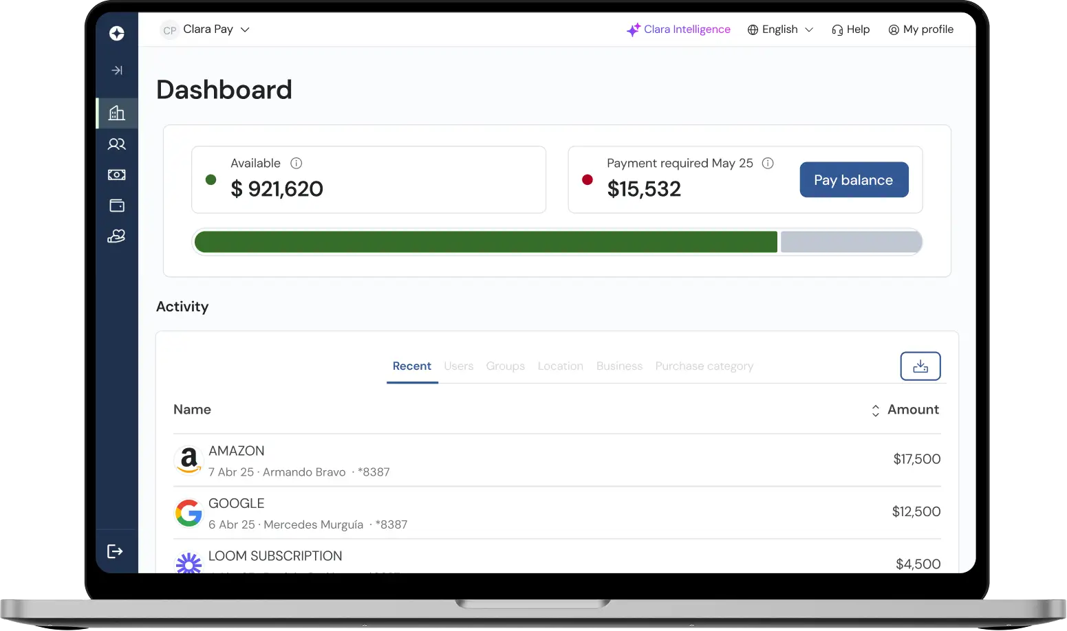 Clara expense management dashboard.
