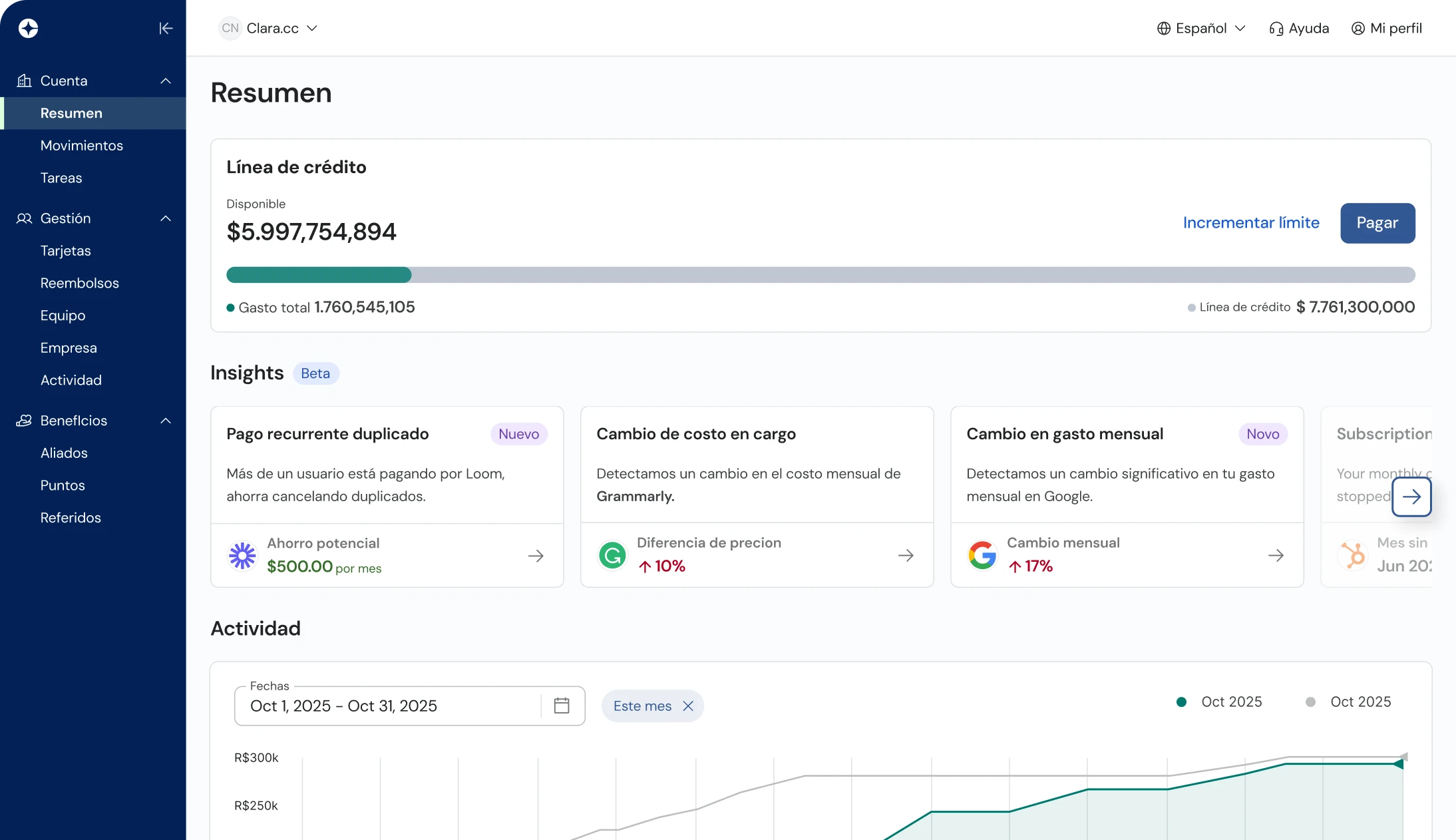 Clara expense management dashboard for Colombia.