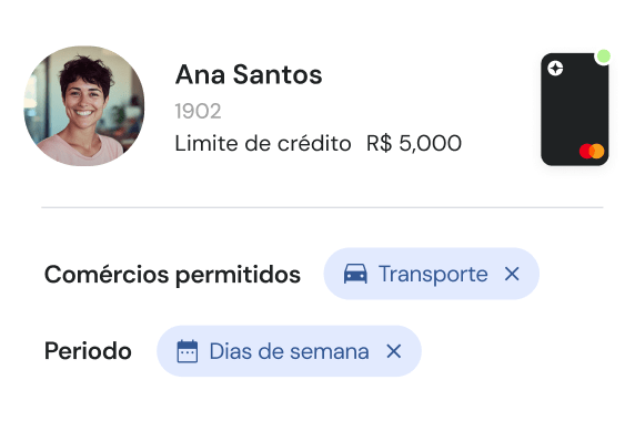 Clara card management showing user profile, credit limit, and merchant restrictions for Brazil.