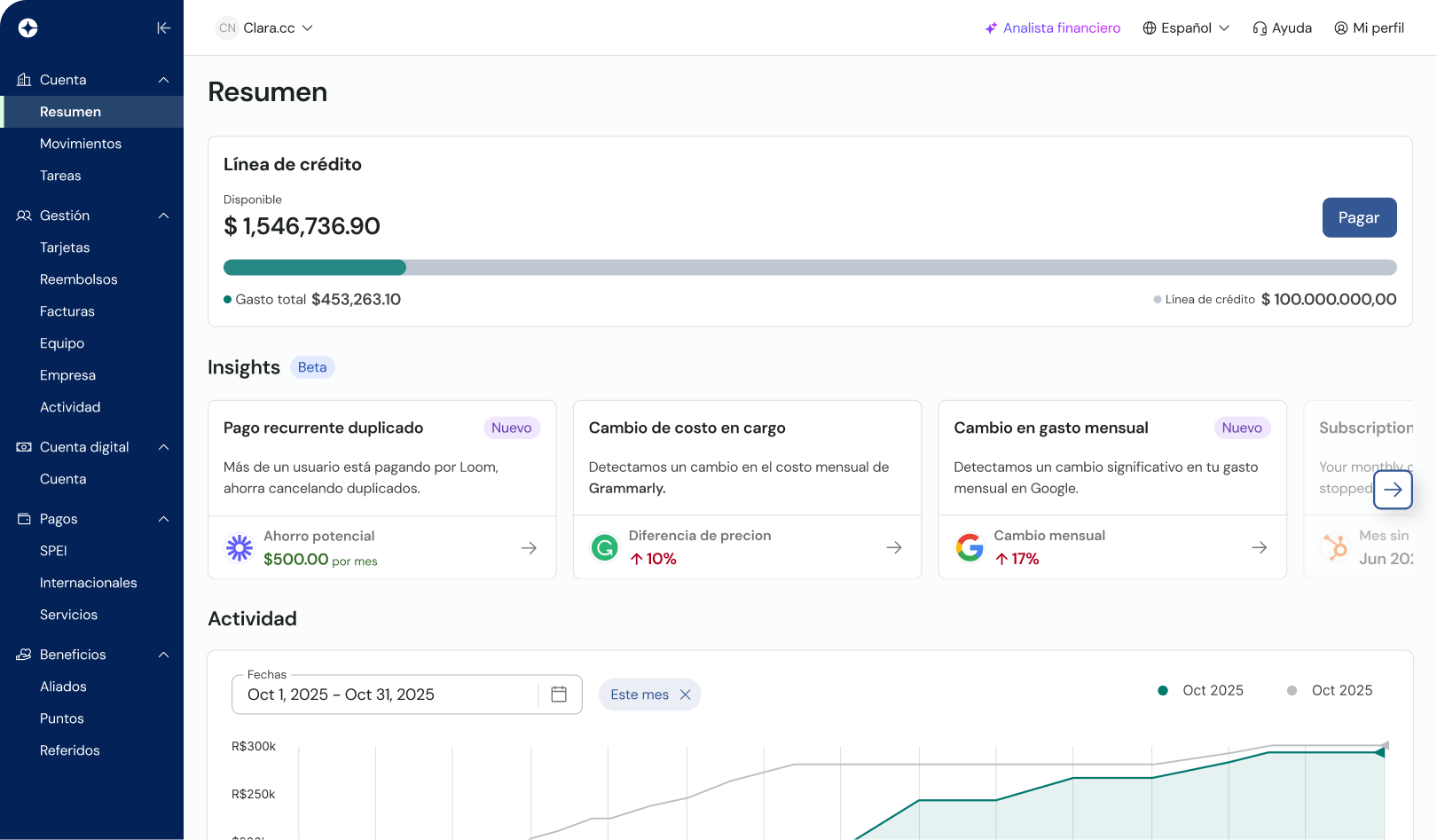 Clara expense management dashboard for Mexico.