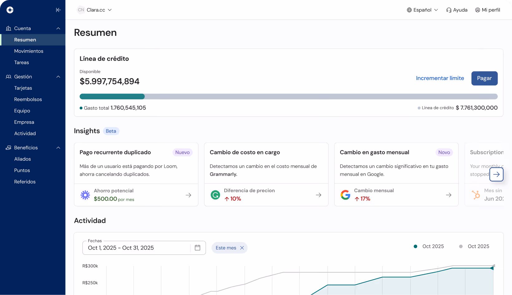 Clara expense management dashboard for Colombia.