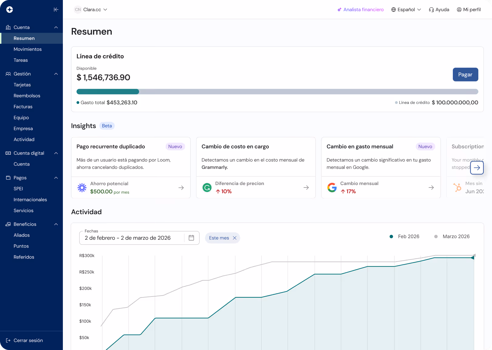 Clara expense management dashboard for Mexico.