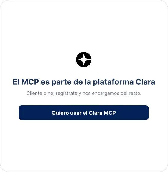 Clara MCP CTA banner in Spanish.