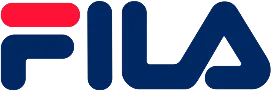 FILA brand logo in stylized uppercase letters with red and blue colors.