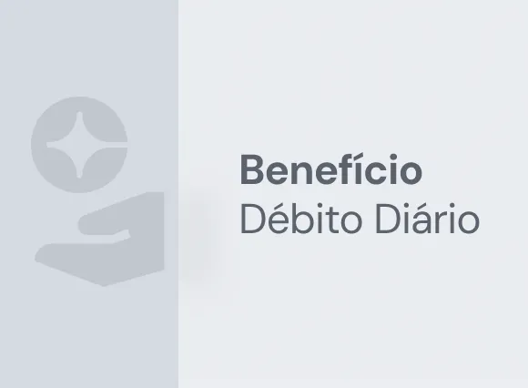 Hand icon holding a sparkling circle beside the text Benefício Débito Diário on a light background.