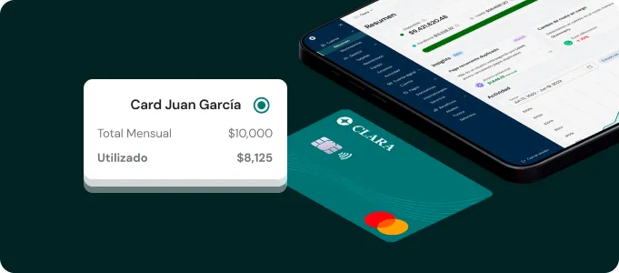Clara Mastercard credit card next to a phone displaying account summary and spending details.