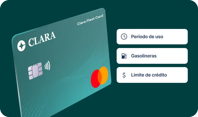 Clara Fleet Card angled with icons and labels for usage period, gas stations, and credit limit in Spanish.