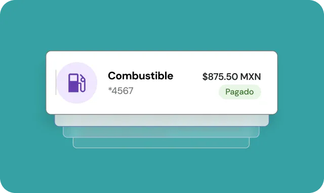 Payment card for combustible showing $875.50 MXN paid status with fuel pump icon.