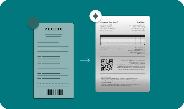 Illustration showing a simple receipt transformed into a detailed, official invoice with QR codes.