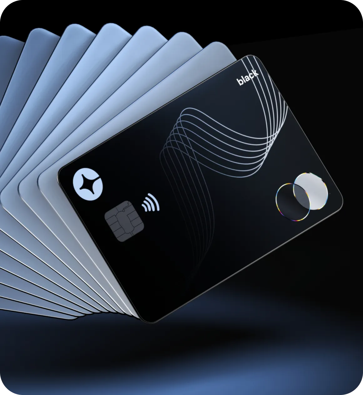 Black credit card with contactless chip and abstract wave design fanned over multiple similar cards.