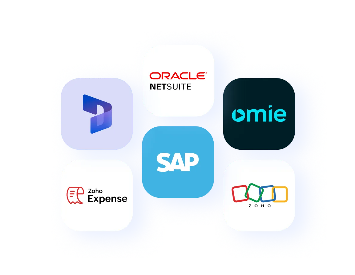 Grid of various business software logos including Oracle NetSuite, SAP, Zoho Expense, and others.