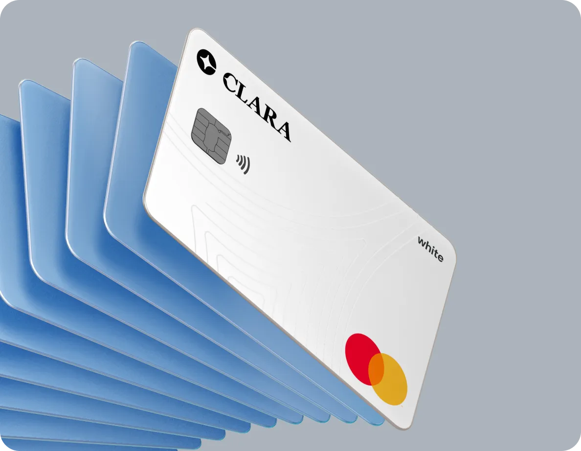 White CLARA Mastercard with chip and contactless symbol displayed above blue overlapping cards.