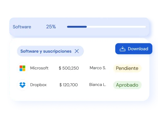 Software subscription list with Microsoft and Dropbox, showing amounts, assigned persons, and status pending or approved.
