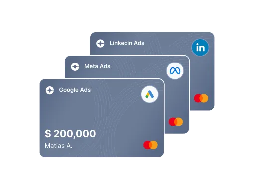 Three overlapping cards labeled Google Ads, Meta Ads, and LinkedIn Ads with logos and Mastercard icons.