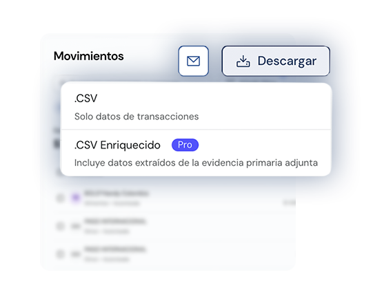 Screen showing download options for transaction data in CSV and enriched CSV Pro formats in Spanish.