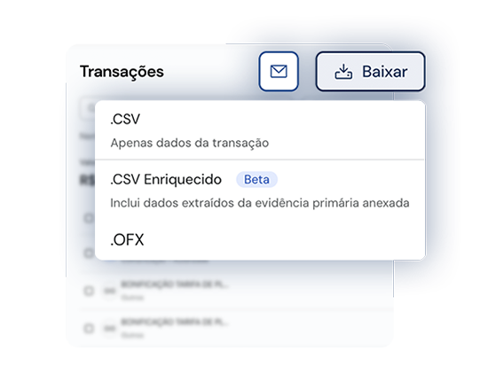 Dropdown menu with options to download transaction data in CSV, enriched CSV, or OFX format.